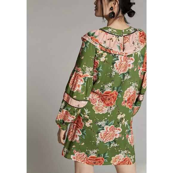 Farm Rio Elinor Tunic Dress - S Green Pink, Floral Long Sleeve Boho Twee Cottage - Picture 3 of 14